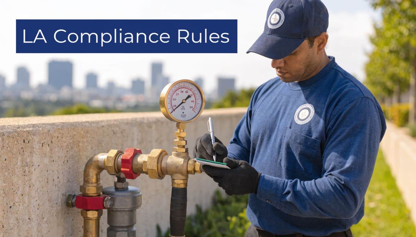 A utility worker in uniform inspecting and recording data from a backflow preventer device outdoors.