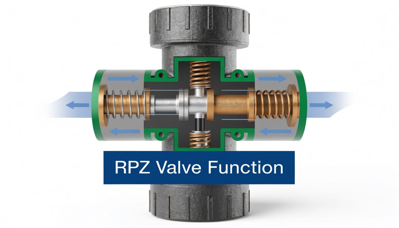 A 3D cross-section illustration showing the internal mechanical components of a Reduced Pressure Zone backflow preventer valve.