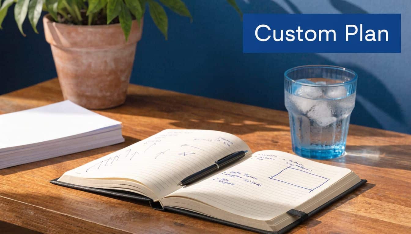 An open notebook with handwritten notes on a wooden desk next to a plant and water glass.