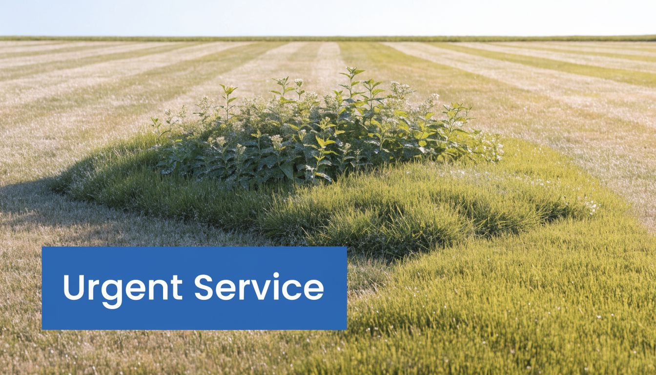 A patch of wild greenery growing in a mowed field representing a potential septic system problem.