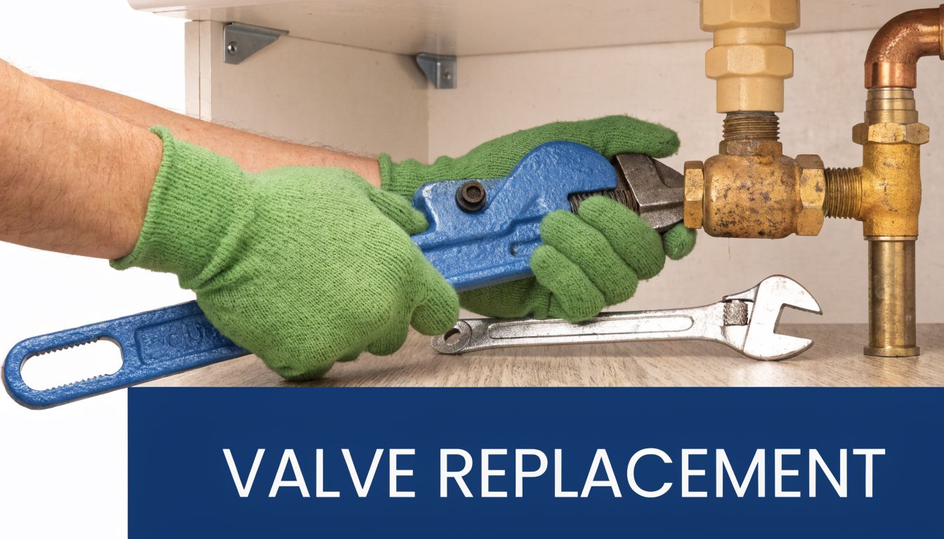 A plumber wearing green protective gloves uses a blue pipe wrench to repair a leaking shut off valve.