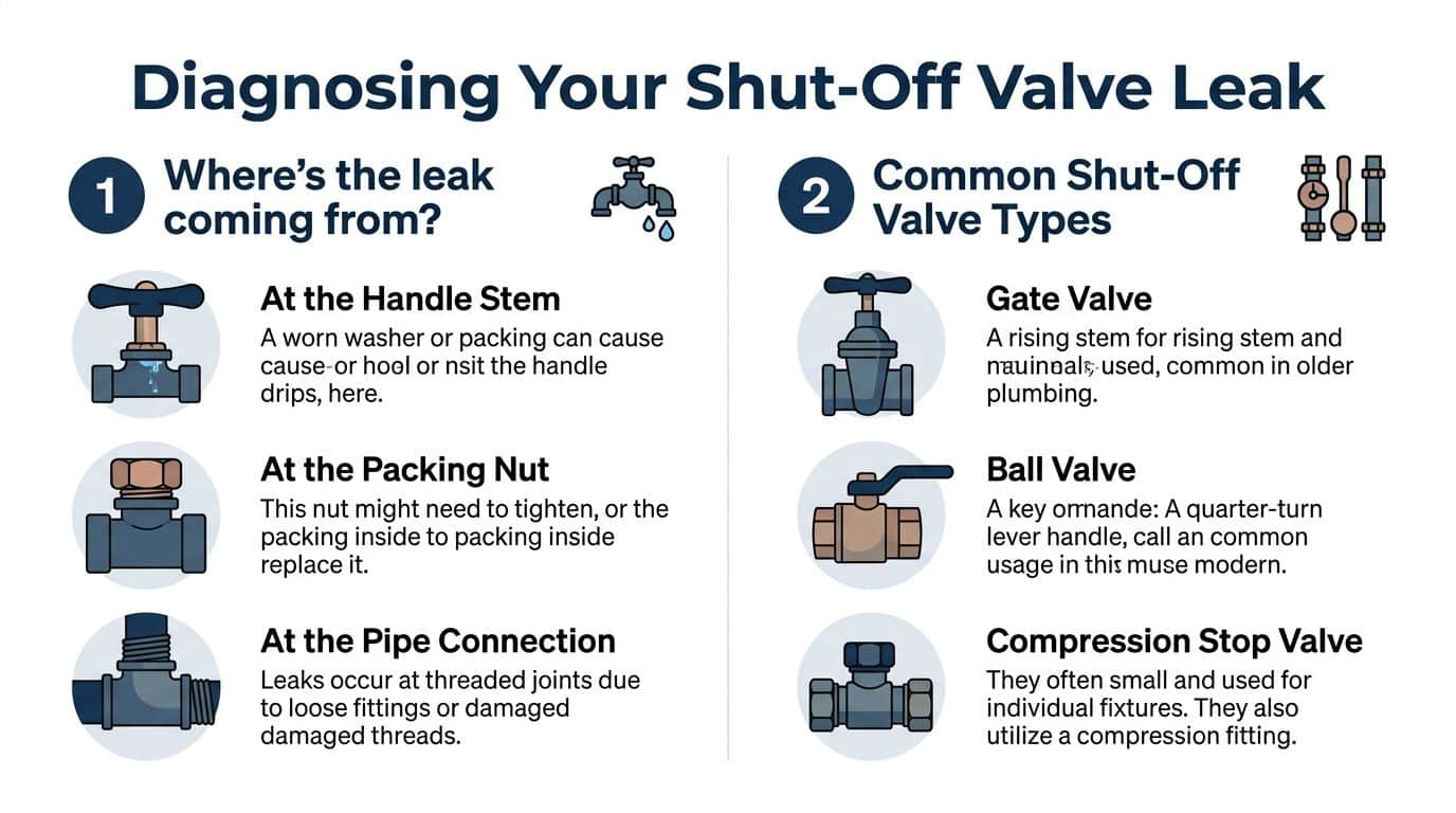 A diagnostic infographic explaining common locations for shut-off valve leaks and identifying three different valve types.