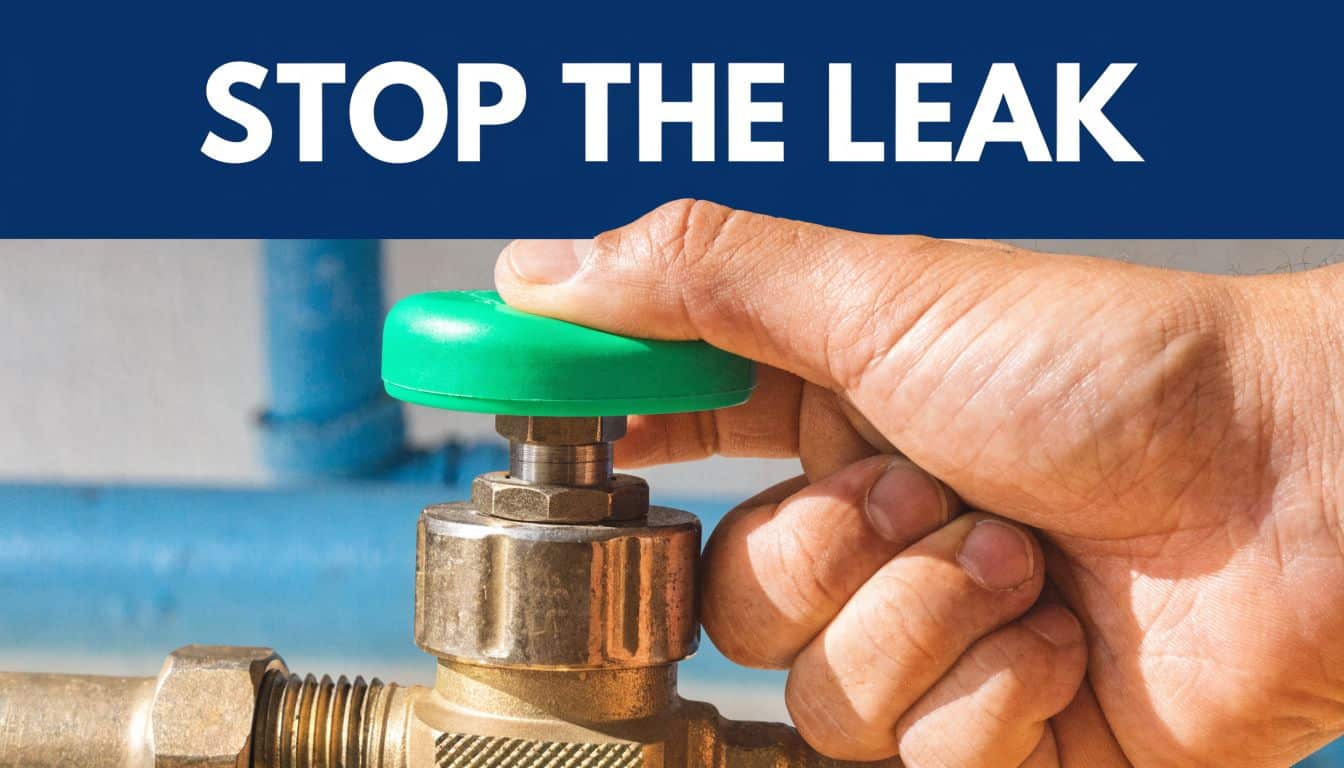 A human hand turns a green valve handle to stop a potential water leak in a pipe.