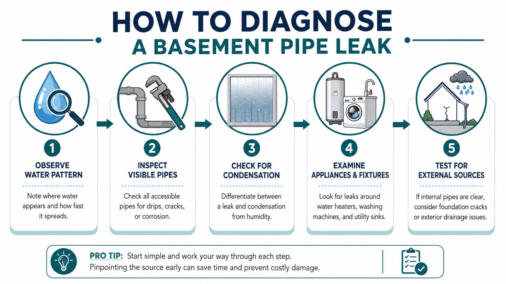 An infographic showing five steps to diagnose a basement pipe leak with icons and helpful tips.