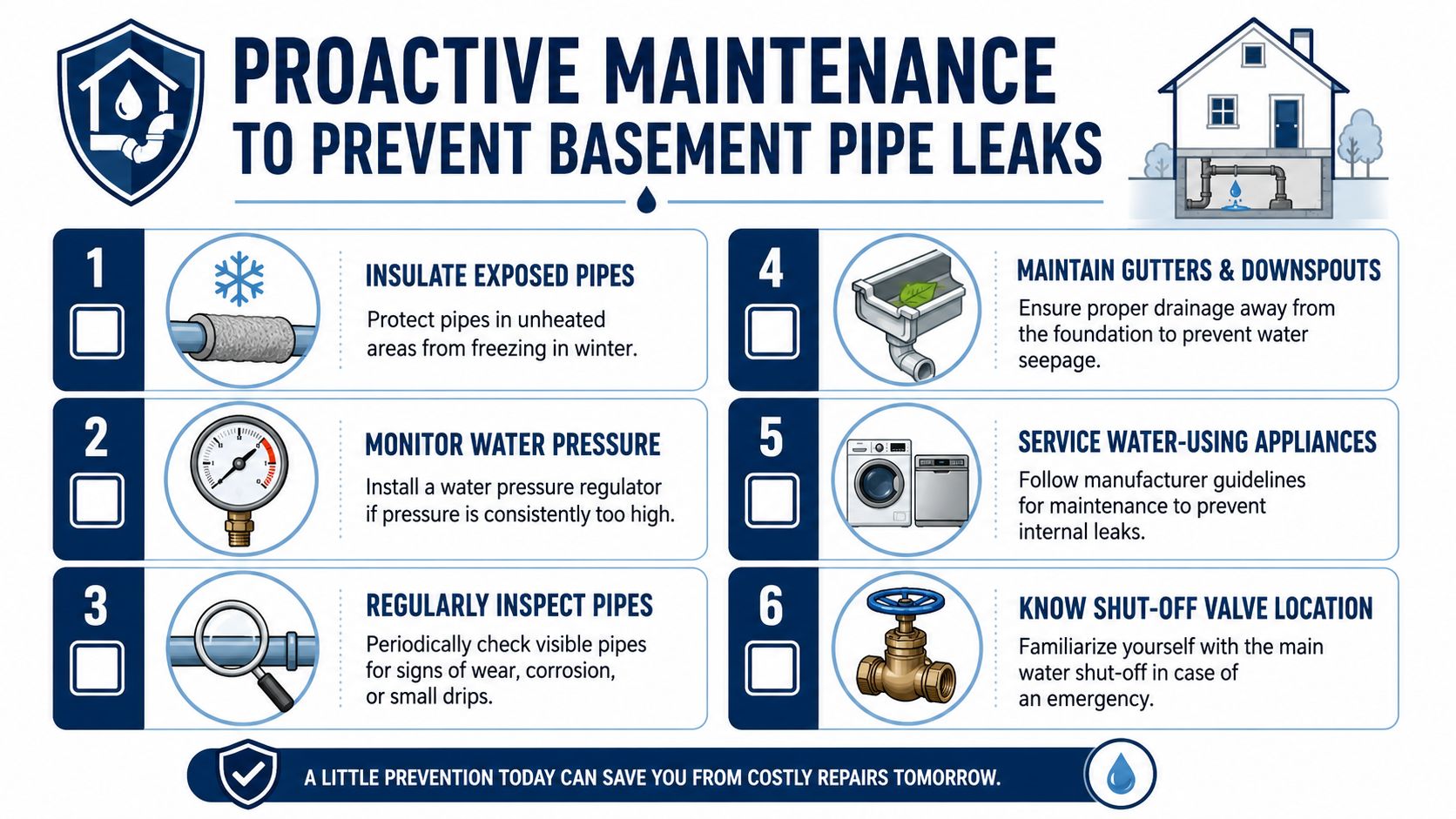An infographic titled Proactive Maintenance to Prevent Basement Pipe Leaks listing six essential home maintenance tips.