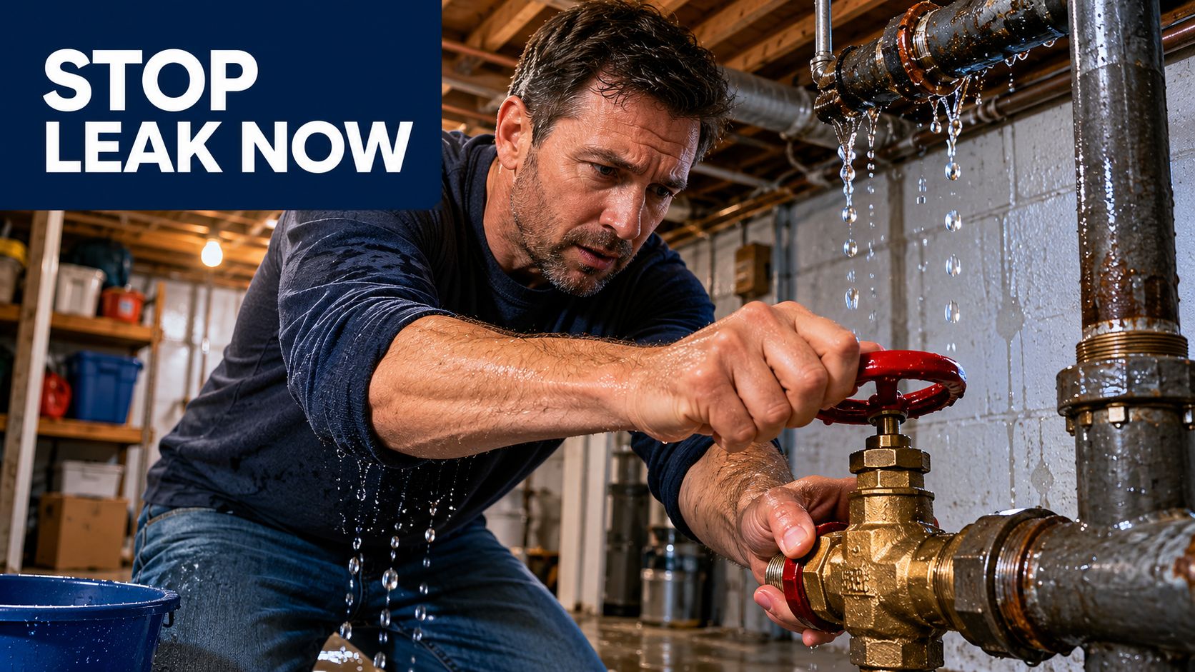A concerned man trying to stop a water leak by closing a valve on a basement pipe.