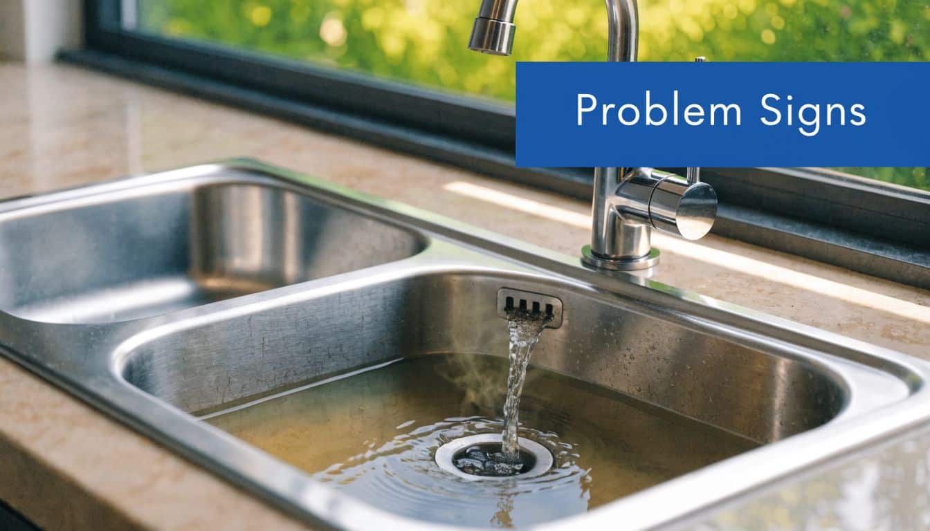 A stainless steel kitchen sink filling with water, highlighting common plumbing problems for home maintenance.