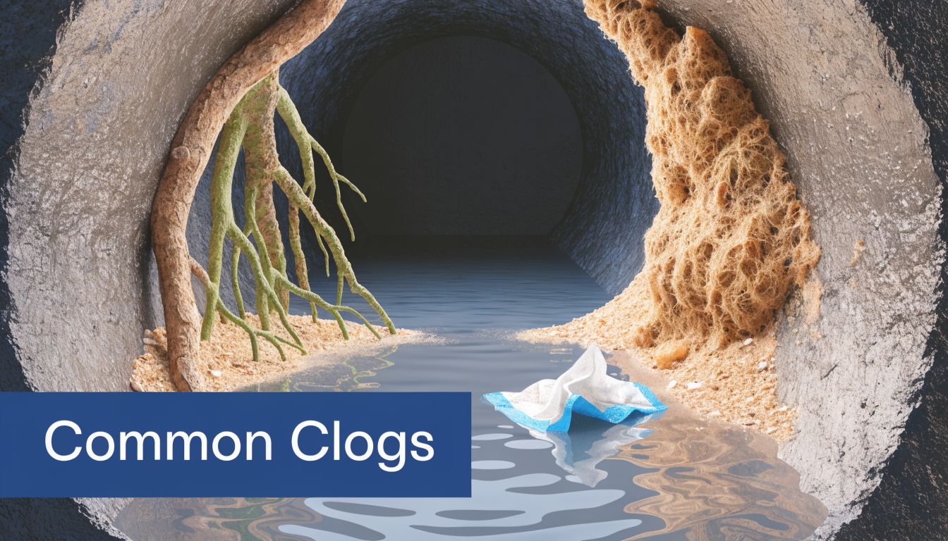 A cross-section of a damaged sewer pipe showing tree roots and debris causing a blockage in water.