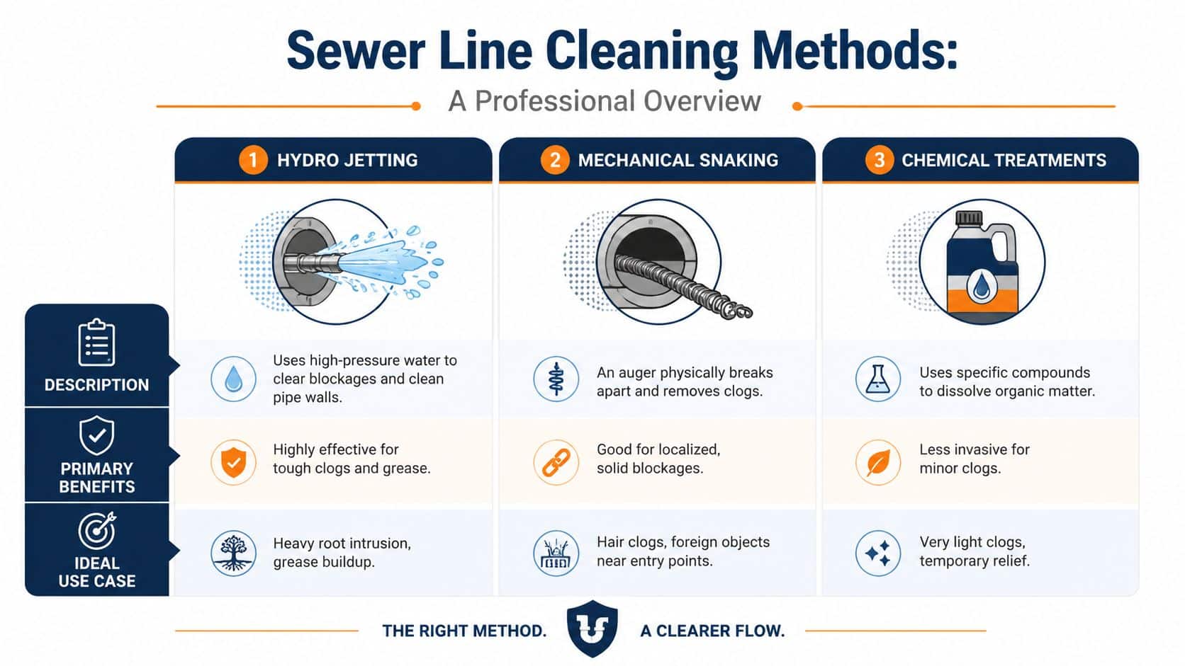 A professional infographic comparing hydro jetting, mechanical snaking, and chemical treatments for cleaning residential sewer lines.