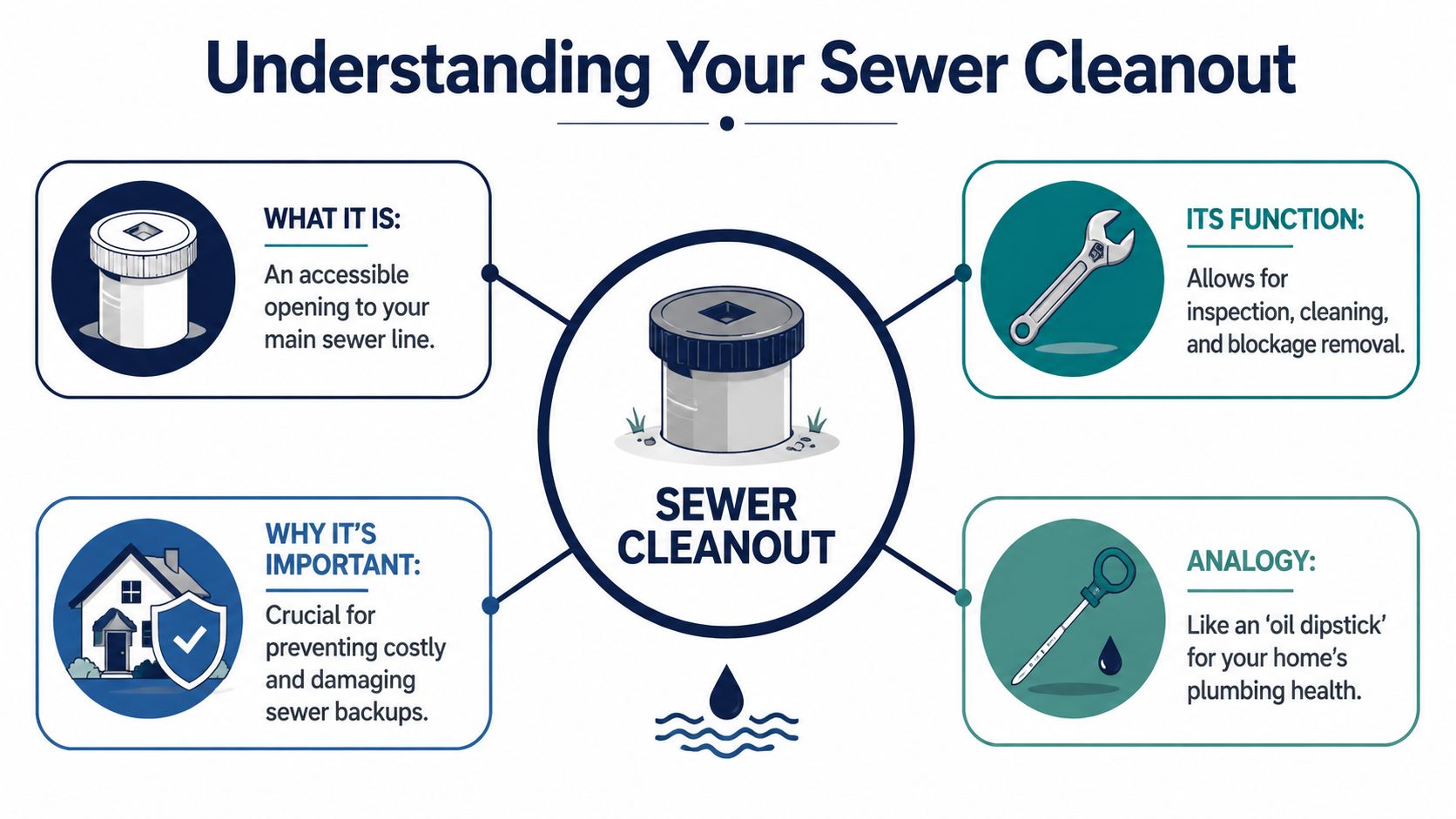 A diagram explaining the purpose, function, and importance of a residential sewer cleanout for home plumbing.