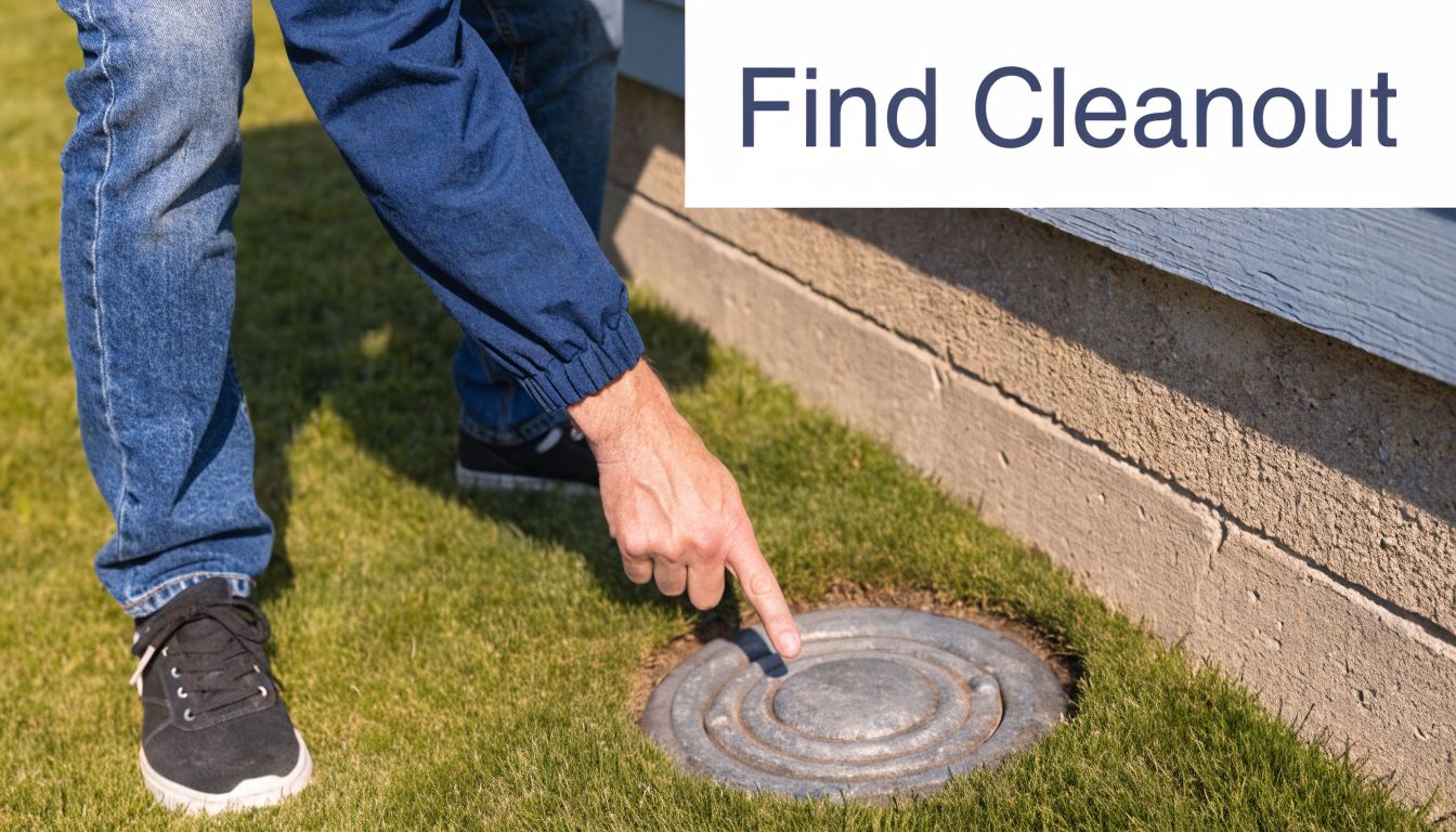 A person pointing at a metal sewer cleanout cover buried in the grass near a home foundation.