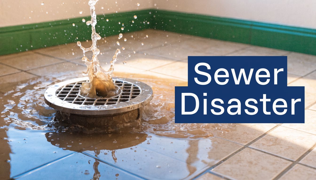 A basement floor drain overflowing with dirty sewer water, illustrating a residential plumbing emergency or sewer disaster.