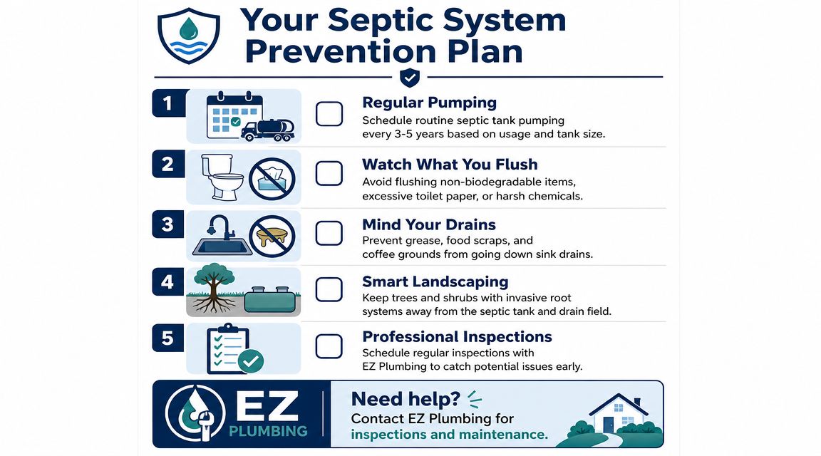 An infographic showing five tips for septic system maintenance including pumping, flushing, and professional inspections.