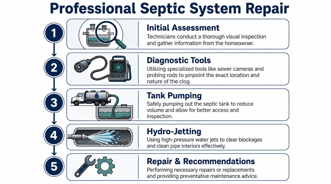 A five-step infographic showing the professional process for repairing and cleaning a clogged septic tank system.