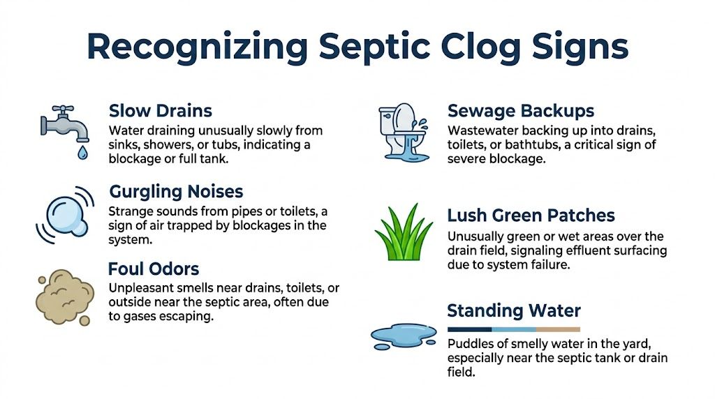 An infographic showing six common signs of a clogged septic tank including slow drains and sewage backups.