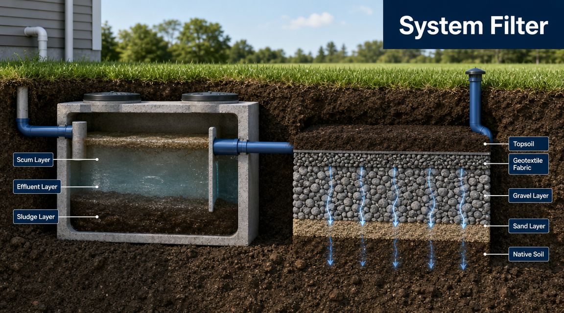 A cross-section illustration showing a residential septic tank system connected to a subsurface soil absorption filter.