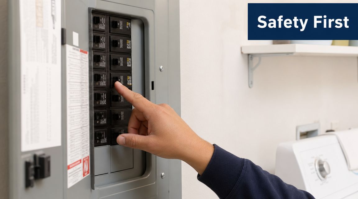 A technician flipping a circuit breaker switch in a residential electrical panel to troubleshoot a power issue.