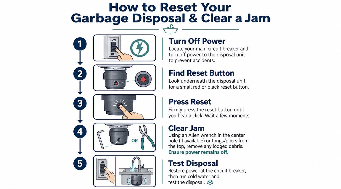 An instructional infographic detailing the five-step process to safely reset a garbage disposal and clear jams.