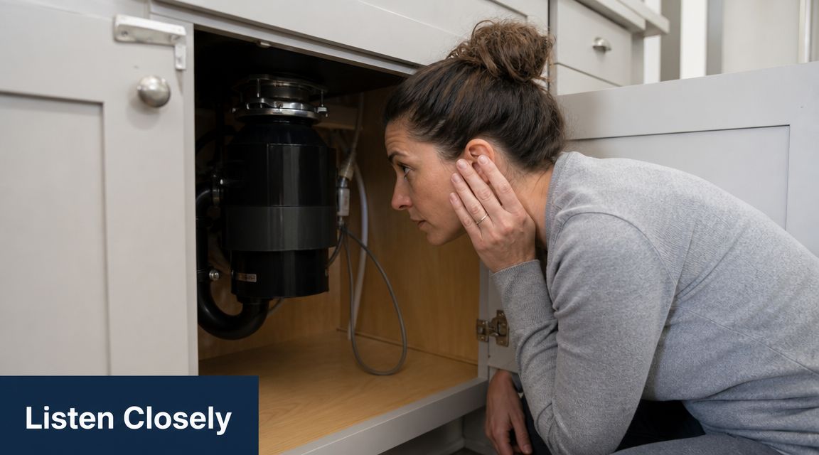 A concerned woman listening closely to her kitchen garbage disposal to troubleshoot a mechanical issue