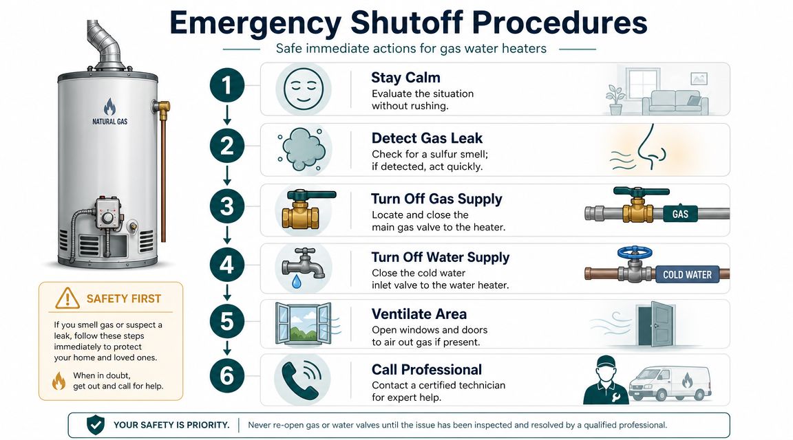 A visual guide for emergency shutoff procedures for a natural gas water heater in case of leaks.