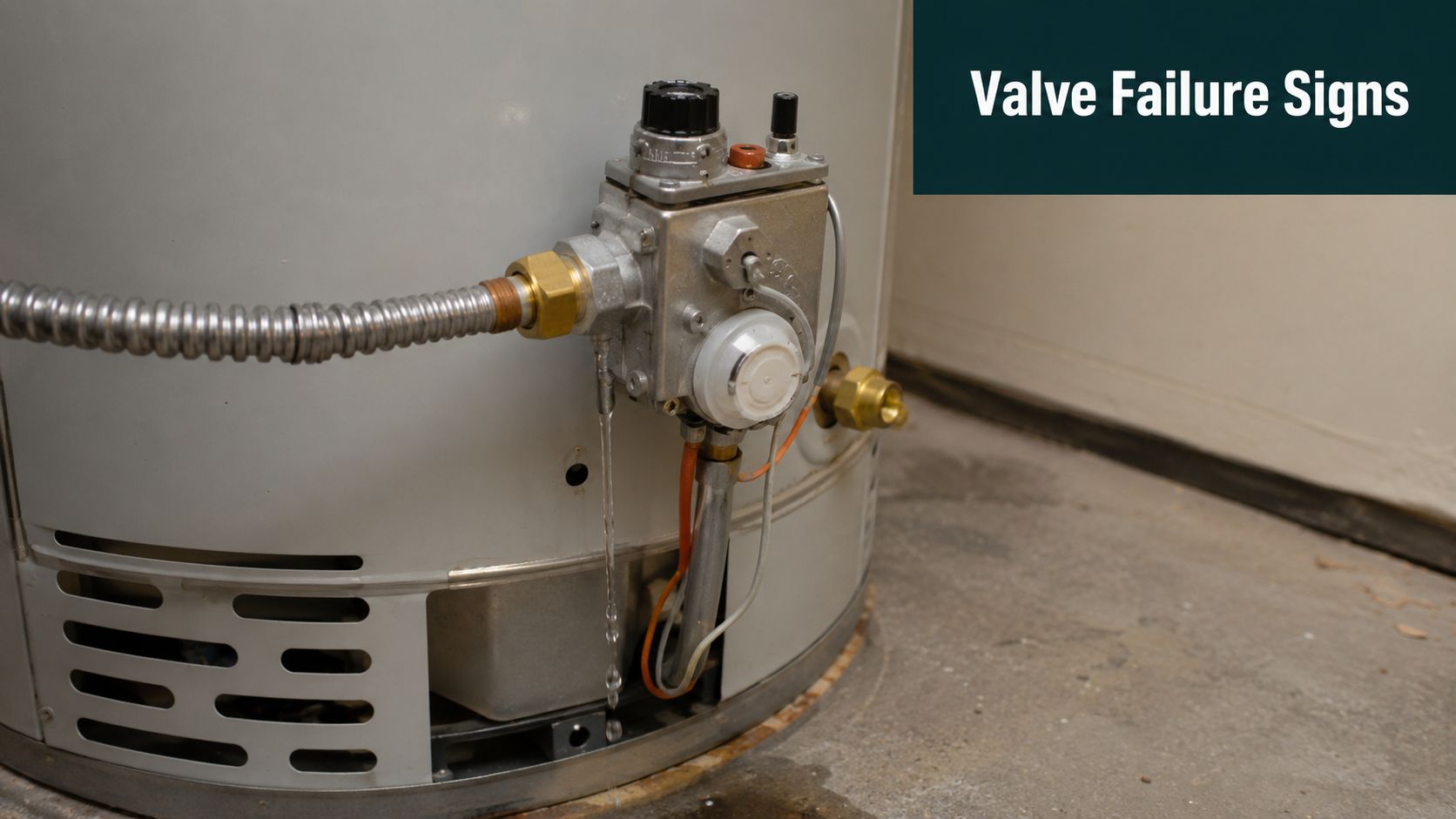 A leaking gas water heater control valve showing signs of failure with water dripping onto the floor.