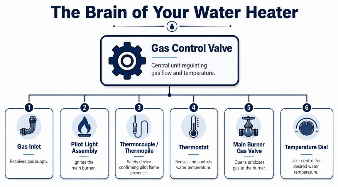 An infographic showing the components of a gas water heater control valve, the brain of the system.