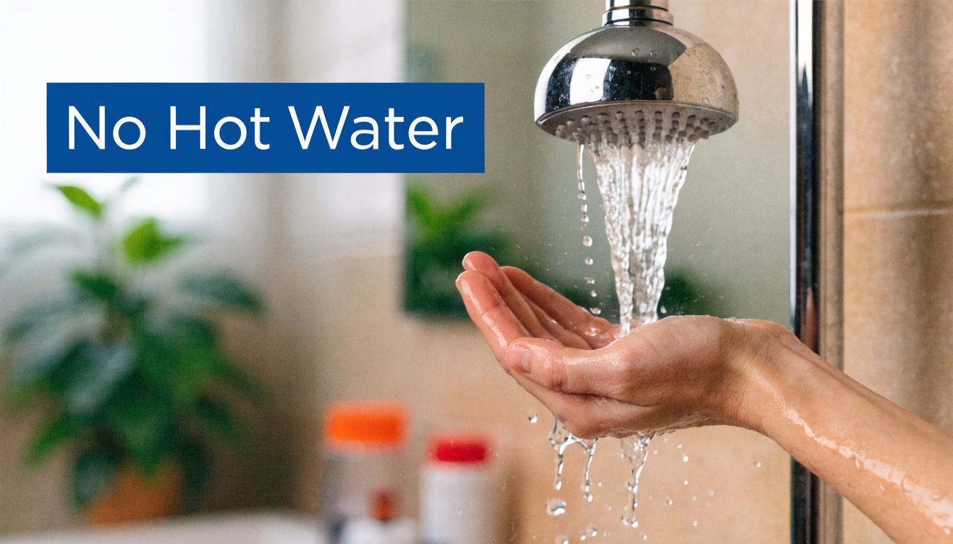 A person checking the water temperature with their hands under a shower head labeled no hot water.
