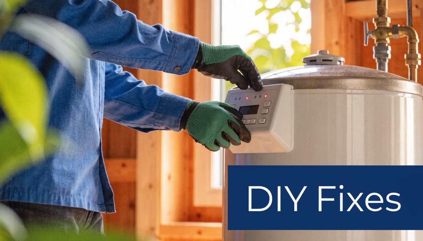 A person wearing work gloves adjusts the digital control panel of a residential water heater tank.