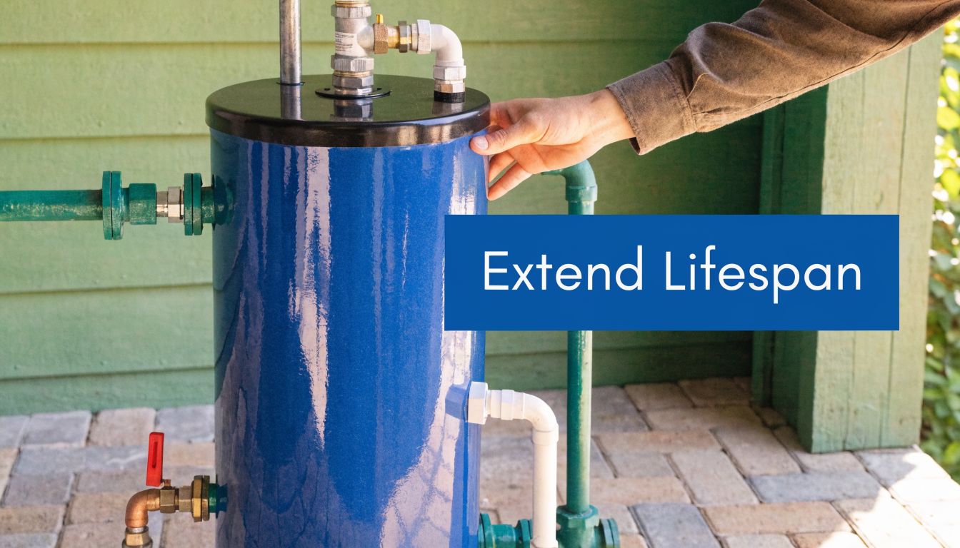A person checking a blue industrial water tank installation outdoors to ensure it remains in good condition.