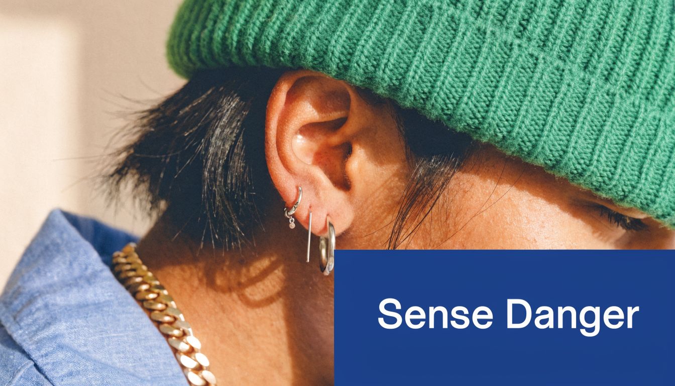 A close-up view of a person wearing a green beanie, gold chain, and multiple silver earrings.