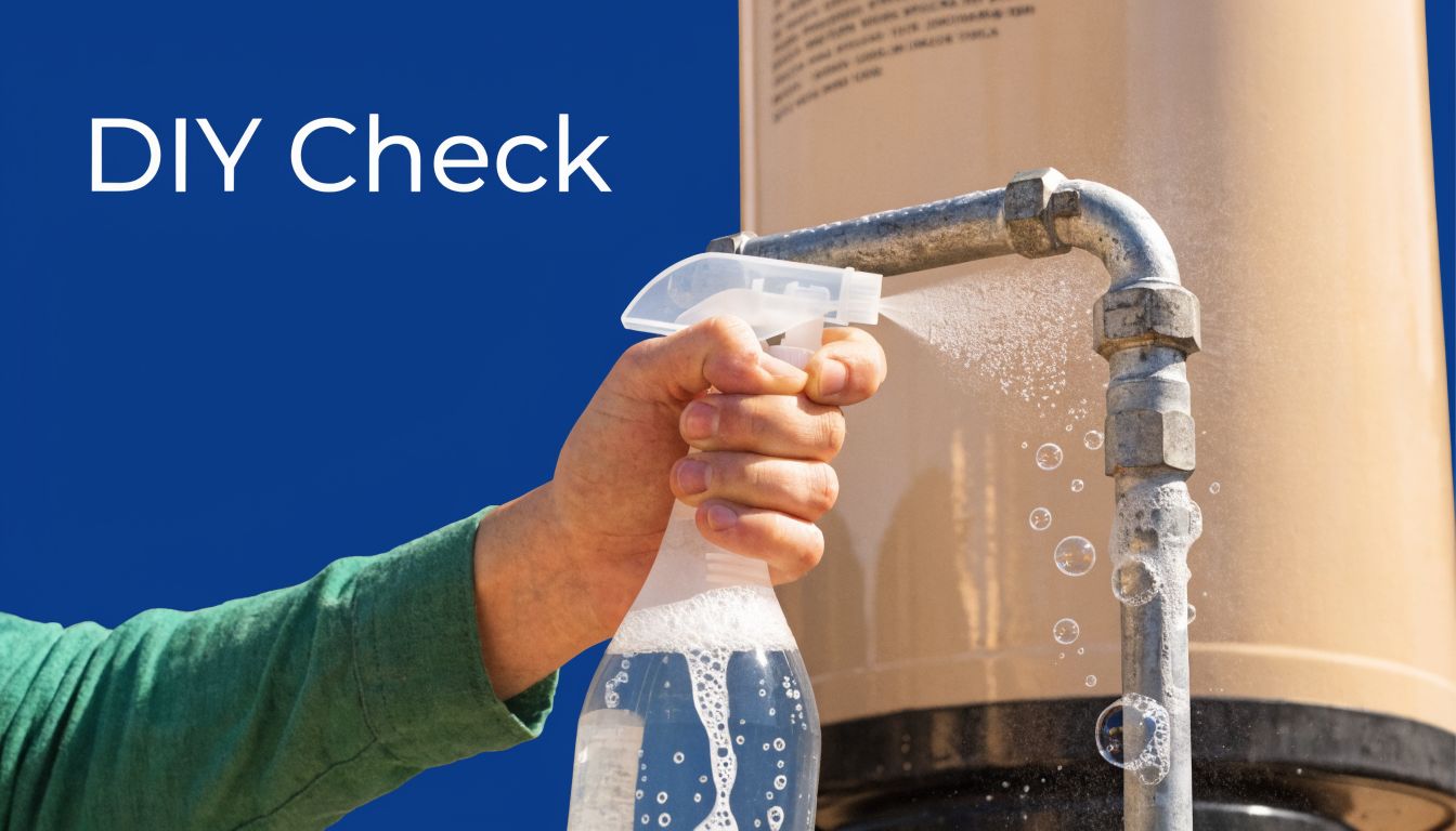 A hand using a spray bottle to test a metal pipe fitting for gas leaks with soap bubbles.