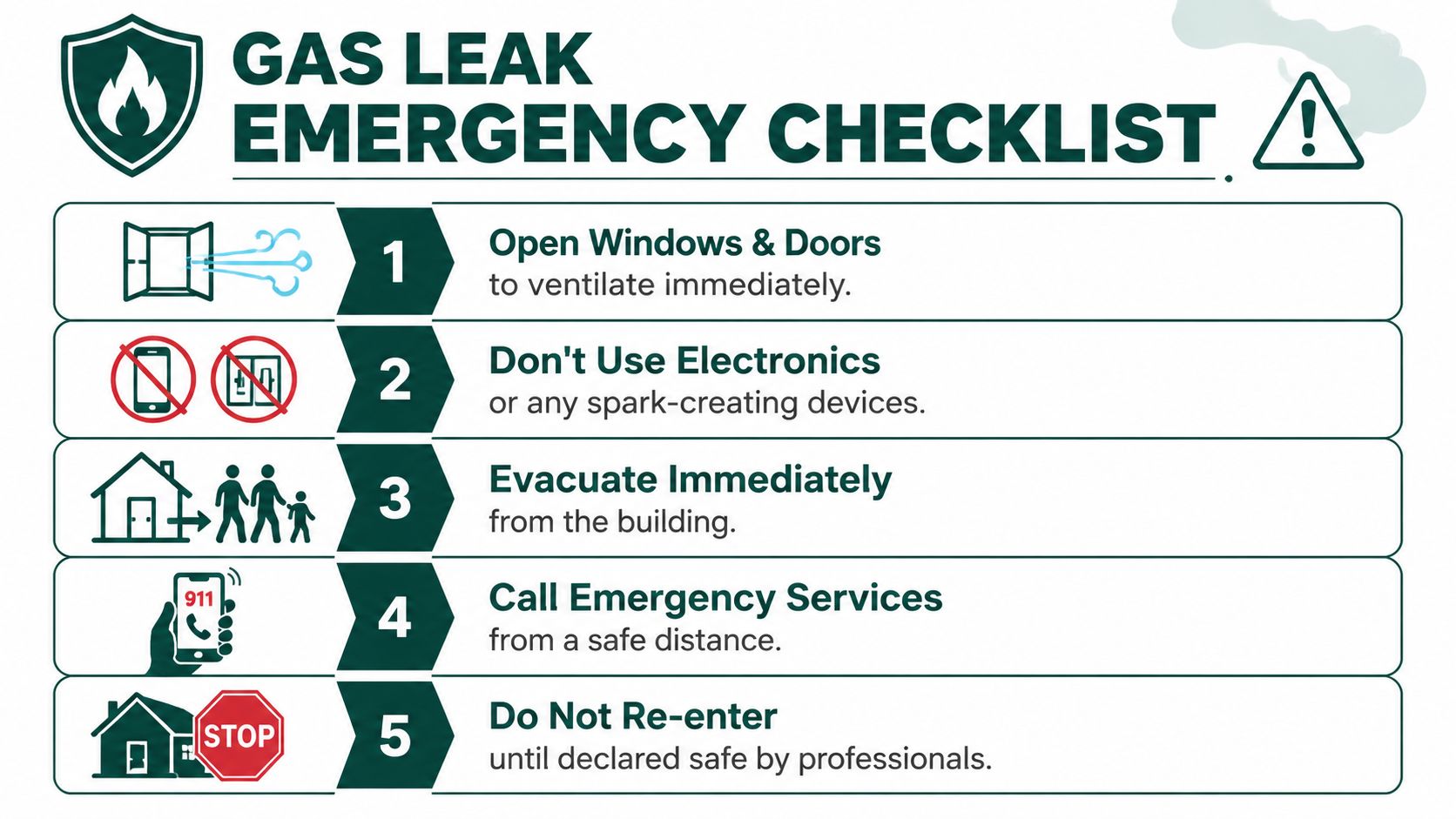 A safety infographic titled Gas Leak Emergency Checklist outlining five essential steps to take during a leak.