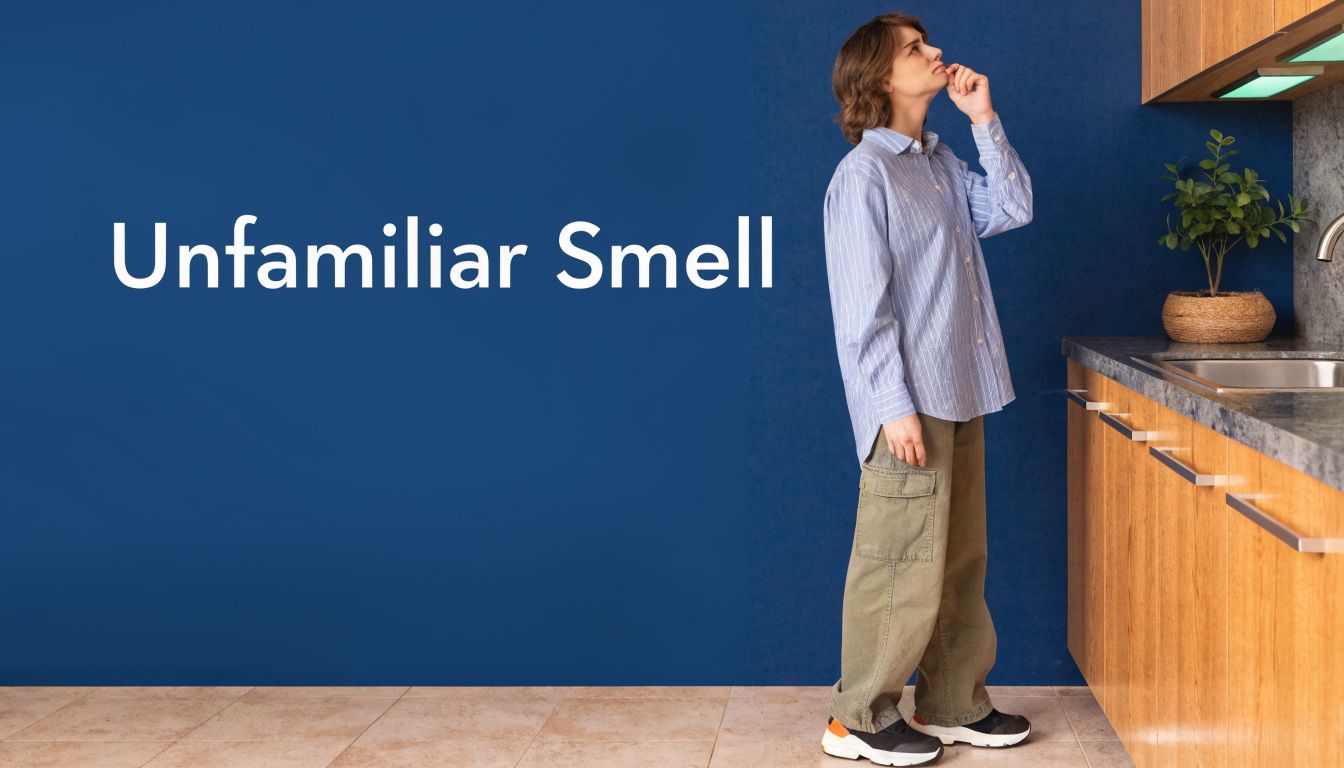 A person standing in a kitchen looking confused as they try to detect an unfamiliar odor.