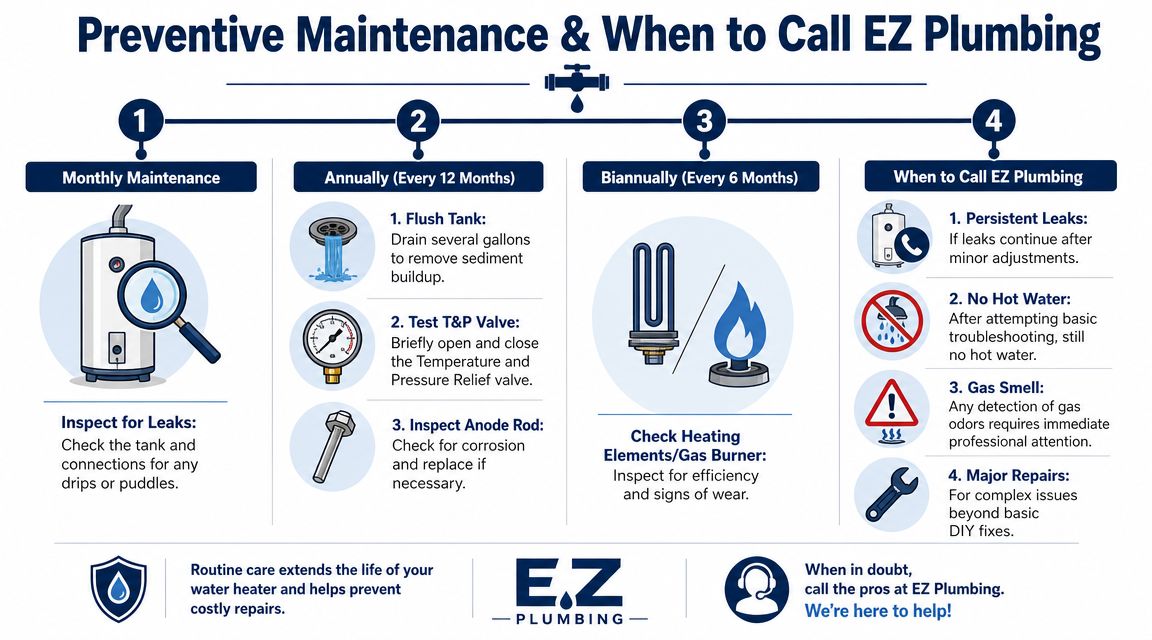 An infographic detailing a preventive maintenance schedule for water heaters and when to call a professional plumber.