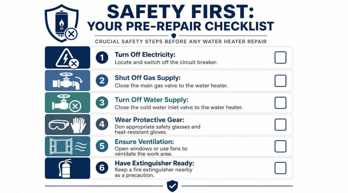 A safety checklist infographic for repairing a water heater, highlighting six essential steps for safe maintenance.