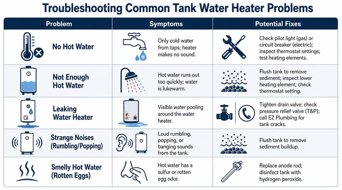 A troubleshooting chart explaining common water heater problems, symptoms, and potential DIY or professional repair fixes.