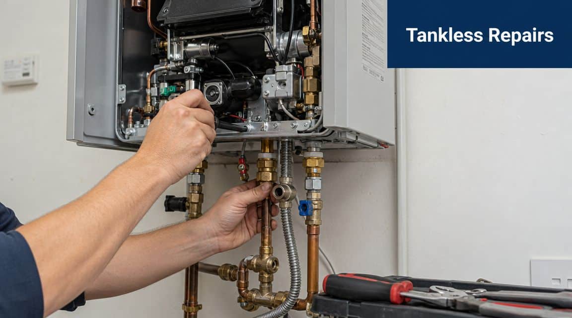 A professional technician carefully repairing a wall-mounted tankless water heater unit with specialized tools in a home.