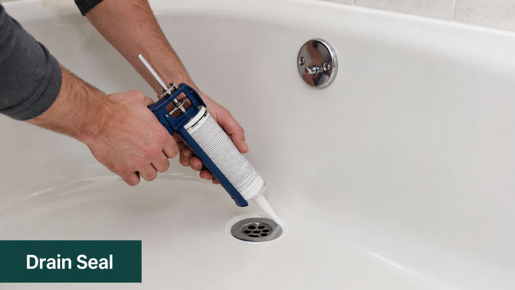 A person applying silicone sealant from a caulk gun around the bathtub drain to prevent leaks.
