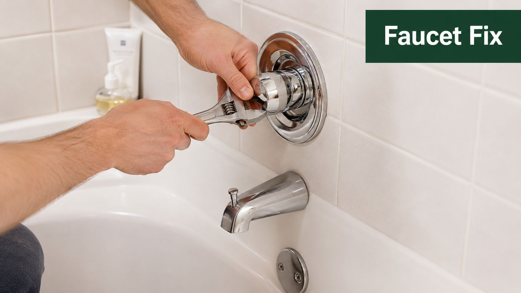 A close-up view of a person using an adjustable wrench to repair a shower faucet fixture.
