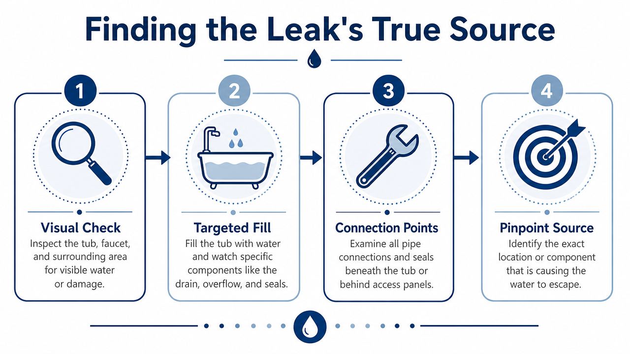 An infographic showing four steps to find a bathtub leak source by inspecting, filling, checking, and pinpointing.