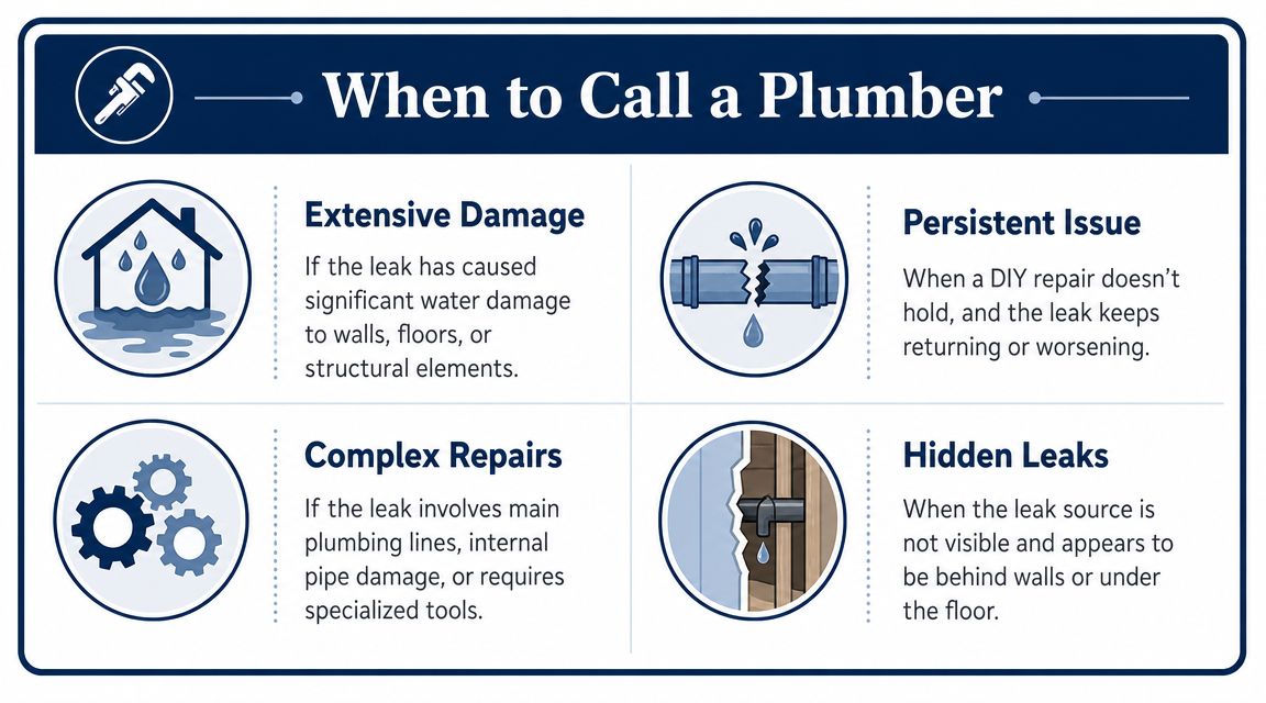 An infographic titled When to Call a Plumber, illustrating four scenarios requiring professional plumbing assistance.