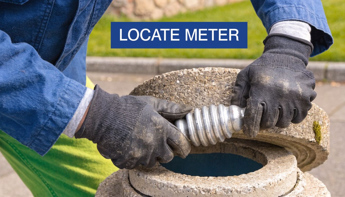 A utility worker wearing gloves opening a concrete water meter pit cover to check the meter.
