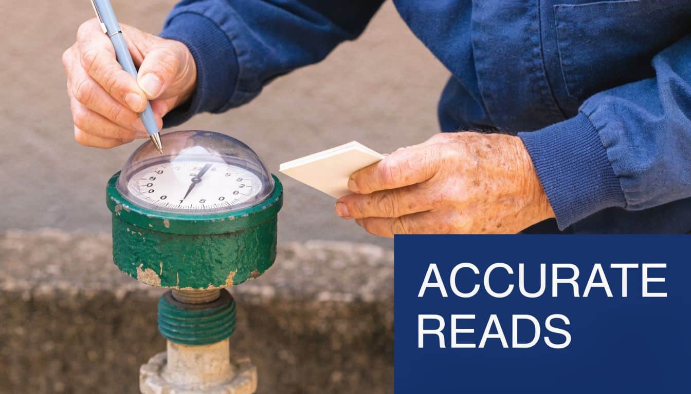 A utility worker manually recording a reading from an outdoor water meter into a notebook.