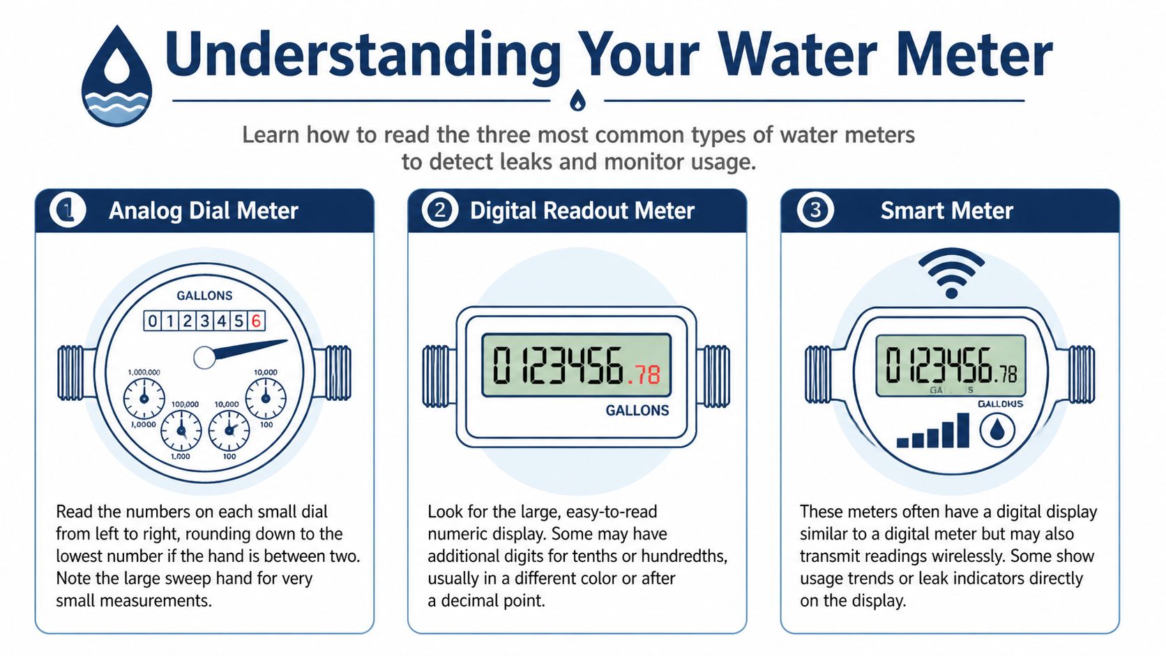 An infographic illustrating how to read three common types of water meters to monitor usage and leaks.