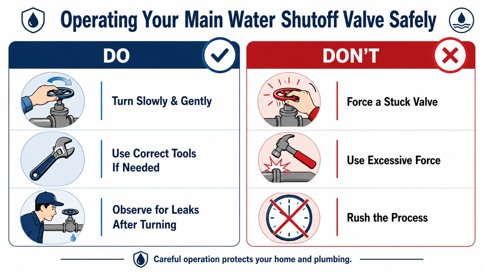 A safety infographic illustrating proper do's and don'ts for operating a home's main water shutoff valve safely.