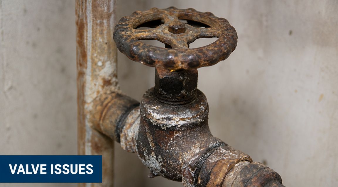 A close-up view of an old, rusted metal water shut off valve on a plumbing pipe.