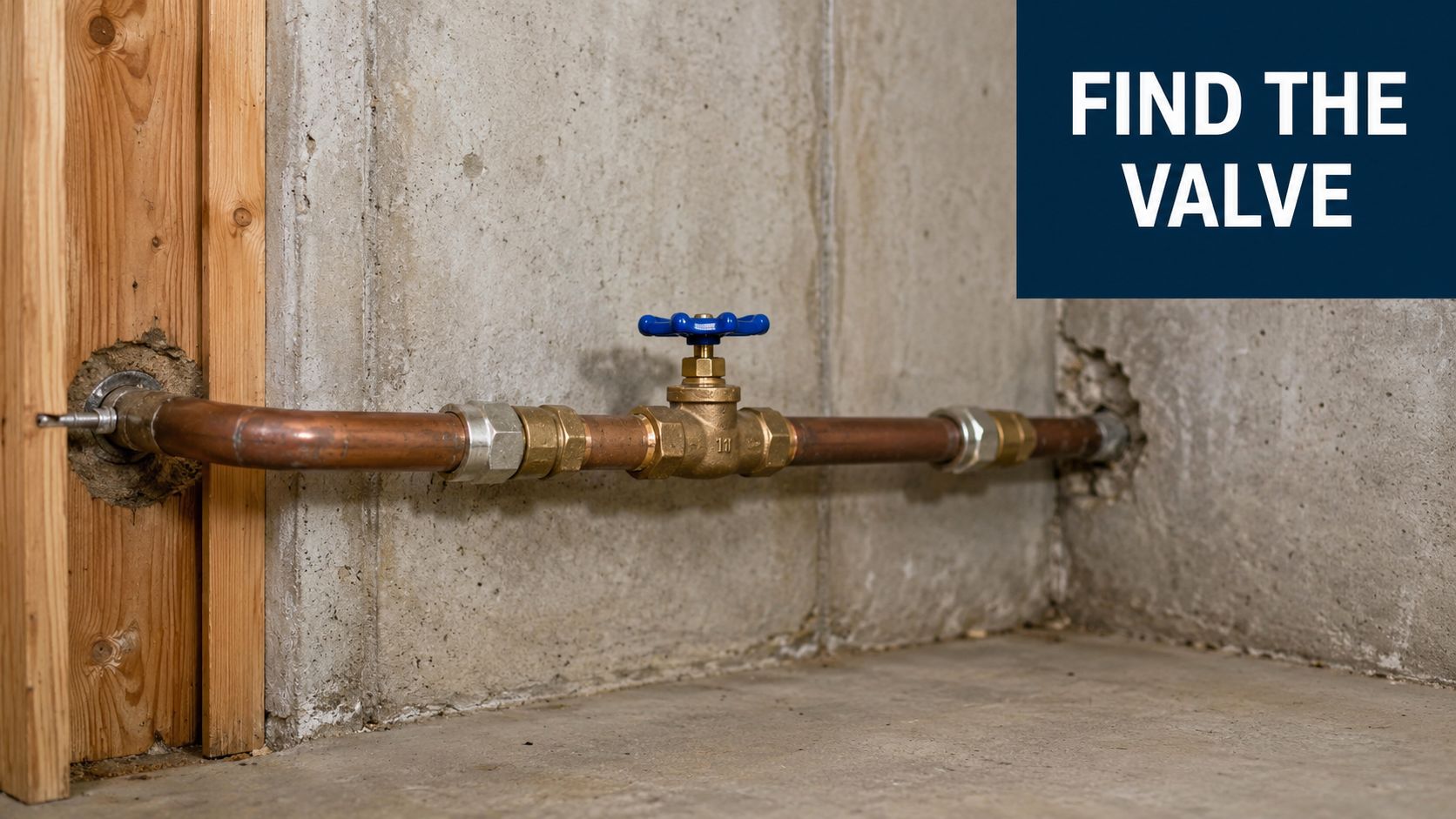 A brass water pipe with a blue valve handle installed along a concrete wall in a basement.