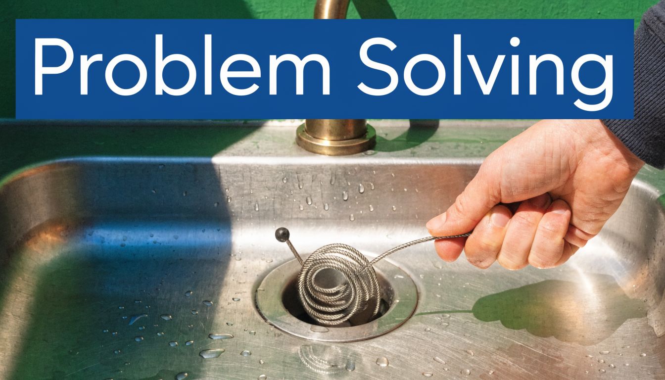 A person using a metal drain snake tool to clear a clogged kitchen sink drain.