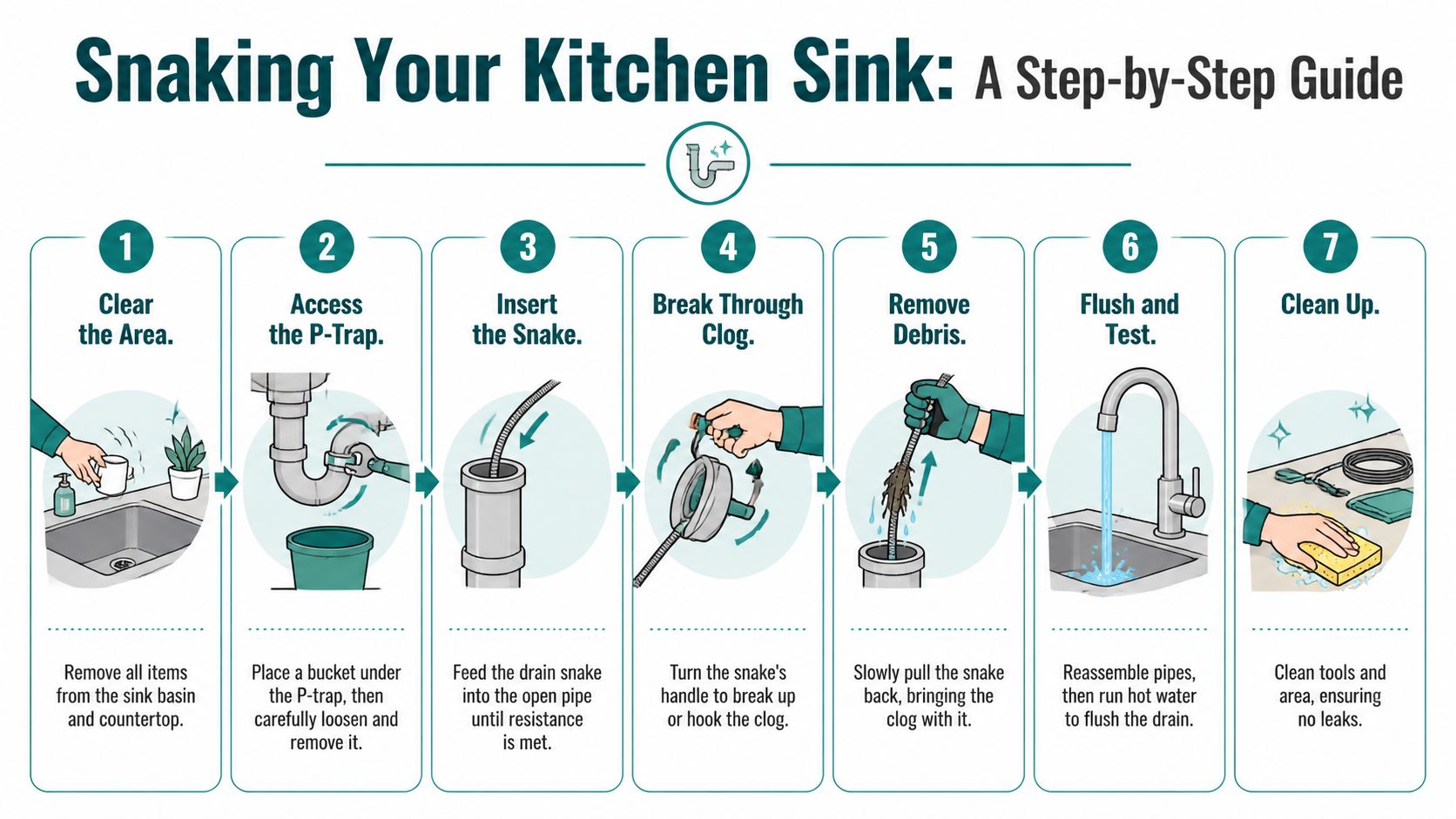 A step-by-step instructional infographic guide showing how to use a drain snake to unclog a kitchen sink.