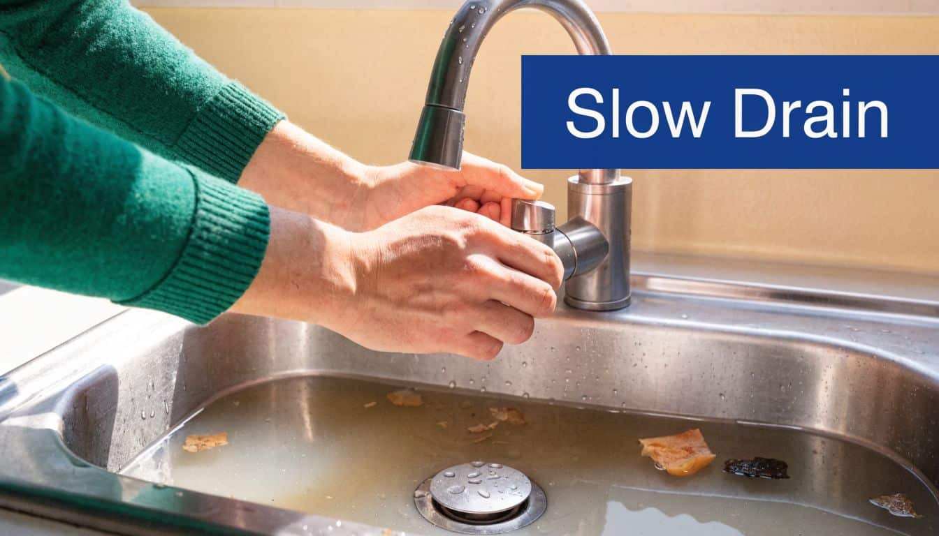 A person stands at a kitchen sink filled with dirty standing water and debris, attempting a repair.